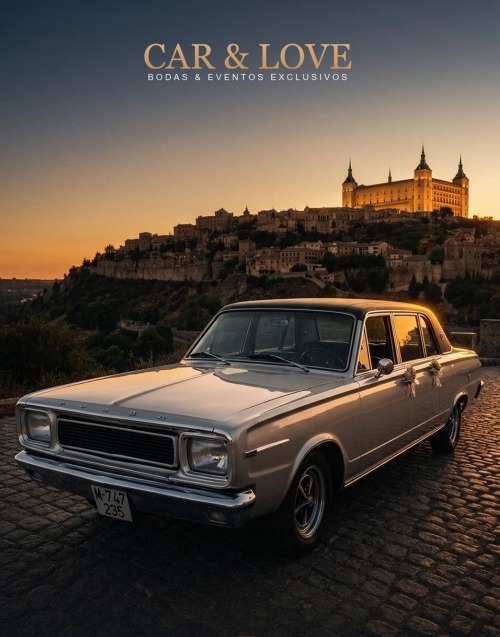 Dodge Dart GT clásico frente a Toledo al atardecer